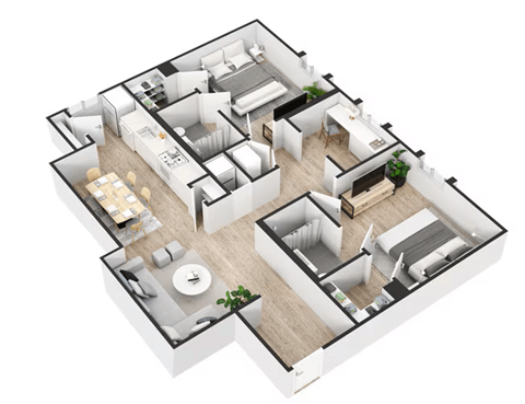 A 3D floor plan of a house with a kitchen, living room, and bedrooms.